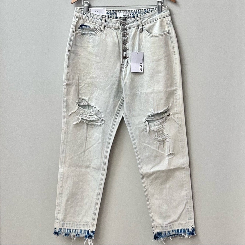 Vervet Emma Mom High Rise Distressed Button-Fly Cropped Light Wash Jeans W Sz 29